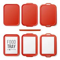 Empty Plastic Tray Salver Set Vector. Rectangular Red Plastic Tray Salver With Handles. Top View. Tray Isolated Illustration vector