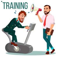 Business Training Concept Vector. Businessman Running On Exercise Bike. Office Worker. Hard Working. Teacher Shows Way. Suit. Seminar. Isolated Illustration vector