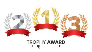 Trophy Award Set Vector. Figures 1, 2, 3 One, Two, Three In A Realistic Gold Silver Bronze Laurel Wreath And Red Ribbon. Winner Honor Prize. Isolated Illustration