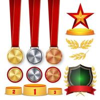 Ceremony Winner Honor Prize. Trophy Awards Cups, Golden Laurel Wreath With Red Ribbon And Gold Shield, Medals Template, Sports Placement Podium. 1st, 2nd, 3rd Place. Isolated. Vector Illustration