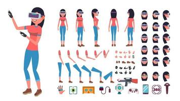 Woman In Virtual Reality Headset Vector. Animated Character Creation Set. 3D VR Glasses. Full Length, Front, Side, Back View, Accessories, Poses, Emotions, Gestures. Virtual Reality Flat Illustration vector