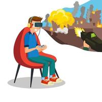 Augmented Reality Game Vector. Young Boy With Headset Playing Virtual Reality Simulation Game. Isolated Flat Cartoon Character Illustration vector