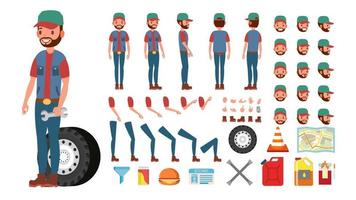 Truck Driver Vector. Animated Trucker Character Creation Set. Full Length, Front, Side, Back View, Accessories, Poses, Face Emotions, Gestures. Isolated Flat Cartoon Illustration vector