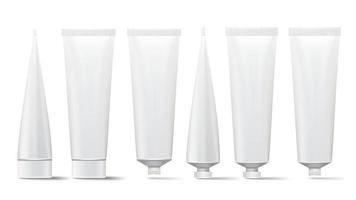 Cosmetic Tube Set. Vector Mock Up. Cosmetic, Cream, Tooth Paste, Glue White Plastic Tubes Open And Closed Set Packaging Realistic Illustration. Isolated