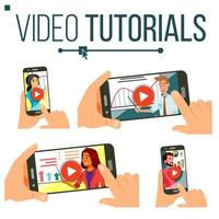 tutorial de vídeo conjunto de vectores. Transmitiendo video. educación en línea. antecedentes de estudio y aprendizaje. concepto de negocio. servicios de Internet. seminario web móvil. pantalla en línea con reproductor. ilustración aislada plana vector