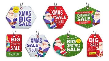 Christmas Theme Sale Tags Vector. Snowflakes Flat. Paper Hanging Stickers. Santa Claus. Holiday Discount Hanging Banners For Holiday Discount Promotion. Winter Illustration