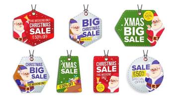 New Year Sale Tags Vector. Colorful Shopping Discounts Stickers. Santa Claus. Discount Concept. Season Christmas Sale Red, Green, Blue Banners. Promotion Illustration vector