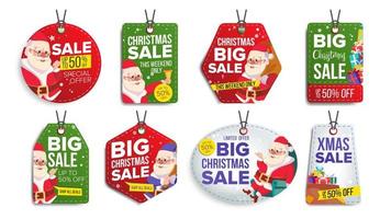 Christmas Sale Tags Vector. Flat Christmas Special Offer Stickers. Santa Claus. 50 Off Text. Hanging Red, Green, Blue Banners With Half Price. Modern Illustration vector