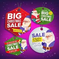 Christmas Sale Tags Vector. Flat Christmas Special Offer Stickers. Santa Claus. Hanging Sale Banners. Half Price. Modern Illustration vector