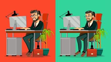 vector de jefe estresado. director ejecutivo barbudo trabajando en la oficina. trabajo estresante, trabajo. hombre de negocios cansado. persona. carrera dura es una empresa de negocios de inicio. ilustración de personaje de dibujos animados plana