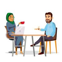 Business People Sitting At The Table Vector. Modern Office. Laughing Friends, Office Colleagues Bearded Man And Muslim Woman Talking To Each Other. Isolated Flat Cartoon Character Illustration vector