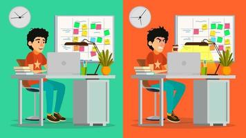 Stressed Out Man Vector. Young Coder Working At Office. Stressful Work, Job. Tired Junior Programmer. Person. Hard Career. Company Employee. Software Development. Flat Cartoon Character Illustration vector