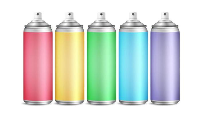 Colorful Spray Can Set Vector. 3D Aluminium Bottles. Paint Aerosol For Street Graffiti. Branding Design. 3D Packaging. Mock Up. Isolated Illustration