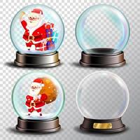 Christmas Snowglobe Set Vector. Empty Snow Globe. Winter Xmas Design Element. Glossy Dome. Magic Xmas Holiday Souvenir. Cute Santa Claus With Gifts. Transparency Souvenir. Realistic Illustration vector