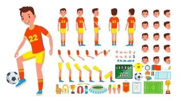 Soccer Player Male Vector. Animated Character Creation Set. Man Full Length, Front, Side, Back View, Accessories, Poses, Face Emotions, Gestures. Isolated Flat Cartoon Illustration vector