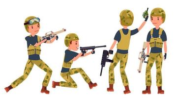 Young Army Soldier Man Vector. Poses. Ready For Battle. Camouflage Uniform. War. Man. Flat Military Cartoon Illustration vector