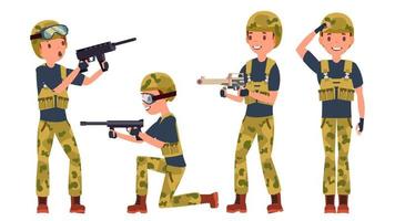 Soldier Male Vector. Poses. Silhouette. Playing In Different Poses. Man Military. War.Ready For Battle. Army. Isolated On White Cartoon Character Illustration vector