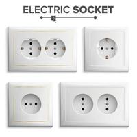 Socket Isolated Set Vector. White Double Grounded Power Switch. Plastic Panel. Electrical Outlet. Realistic Illustration vector