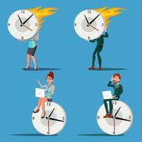 Time Management Man, Woman Vector. Procrastination. Control. Huge Clock, Watch. Business Illustration
