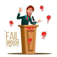 Businessman Fail Speech Vector. Unsuccessful Presentation. Bad Public Speech. Speaker Standing Behind A Rostrum. Having Tomatoes From Crowd. Isolated Illustration vector