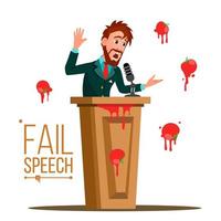 Businessman Fail Speech Vector. Unsuccessful Presentation. Bad Public Speech. Speaker Standing Behind A Rostrum. Having Tomatoes From Crowd. Isolated Illustration vector