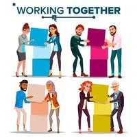 Working Together Concept Vector. Communication, Cooperation. Businessman And Business Woman. Teamwork. Successful Collective. Busy Day. Co-workers. Business People. Isolated Cartoon Illustration vector