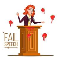 Business Woman Fail Speech Vector. Unsuccessful Messaging. Bad Feedback. Having Tomatoes From Crowd. Tribune, Rostrum With Microphone. Failed Communication. Isolated Illustration vector