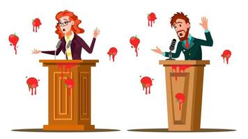 Fail Speech Vector. Businessman, Woman. Unsuccessful Messaging, Presentation. Bad Feedback. Having Tomatoes From Crowd. Tribune, Rostrum With Microphone. Failed Communication. Isolated Illustration vector