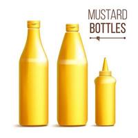 Mustard Bottle Set Vector. 3D Realistic Blank. Plastic Yellow Mustard, Sauce Bottles. Mock Up Good For Branding Design. Isolated On White Background Illustration vector