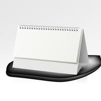 calendario espiral de escritorio de papel en blanco blanco. plantilla de vector de calendario espiral. calendario de mesa vertical con páginas en blanco y espiral negra con sombras suaves aisladas en fondo blanco.