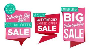 Valentine s Day Sale Banner Set Vector. Discount Tag, Special Valentine Offer Banners. February 14 Good Deal Promotion. Discount And Promotion. Half Price Love Stickers. Isolated Illustration vector