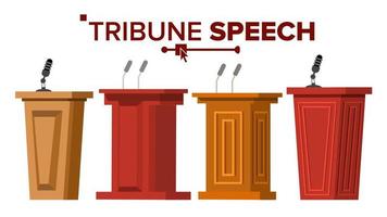 Tribune Set Vector. Podium Rostrum Stand With Microphones. Business Presentation Or Conference, Debate Speech. Flat Cartoon Illustration vector