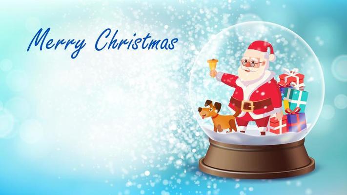 Christmas Card Vector. Snow Globe, Santa Claus, Gifts. Winter Xmas Brochure, Poster Design Background. New Year Design Template Illustration