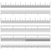 vector de conjunto de indicadores de tamaño. medida horizontal negra. graduación de la regla. diferentes unidades de distancia. ilustración aislada