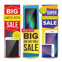 Sale Banner Set Vector. Discount Special Offer Banners Templates. Modern Smart Phones. Best Offer Advertising. Isolated Illustration vector