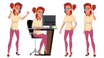 Office Worker Vector. Woman. Successful Officer, Clerk, Servant. Poses. Adult Business Woman. Face Emotions, Various Gestures. Isolated Flat Cartoon Illustration vector