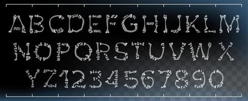 Bone Font Vector. Made Out Of Transparent Bones. Monster Horrible Font. Capitals Letters And Numbers. Anatomy Pirate Style. Isolated Transparent Illustration vector