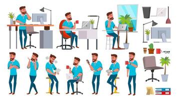 Business Man Character Vector. Working People Set. Office, Creative Studio. Bearded. Full Length. Programmer, Designer, Manager. Different Poses, Face Emotions. Cartoon Business Character Illustration vector