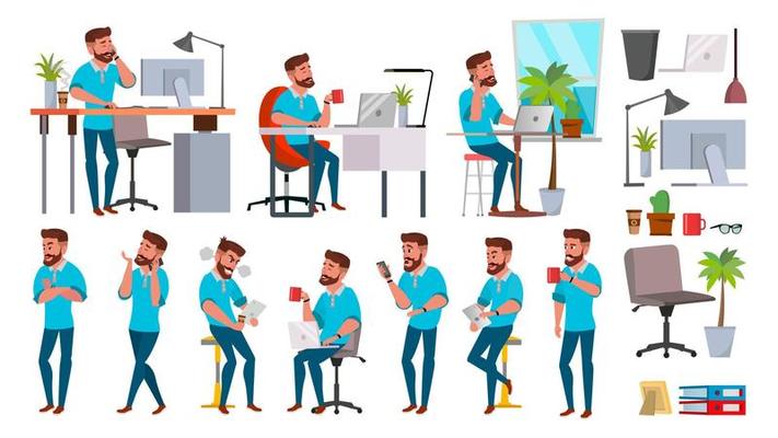 Business Man Character Vector. Working People Set. Office, Creative Studio. Bearded. Full Length. Programmer, Designer, Manager. Different Poses, Face Emotions. Cartoon Business Character Illustration