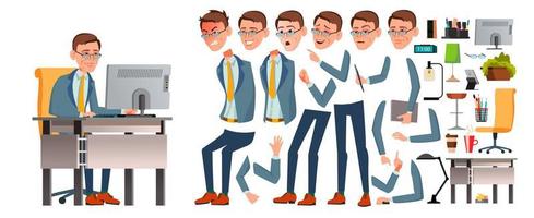 Office Worker Vector. Face Emotions, Various Gestures. Animation Creation Set. Business Man. Professional Cabinet Workman, Officer, Clerk. Isolated Cartoon Character Illustration vector