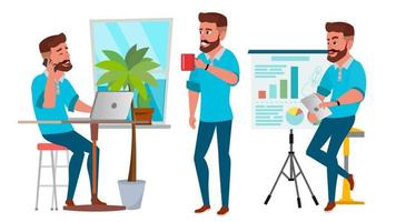 Business Man Character Vector. Working Boy, Man. Environment Process In Start Up Office, Studio. Casual Clothes. Programmer, Designer. Isolated On White Cartoon Business Character Illustration vector