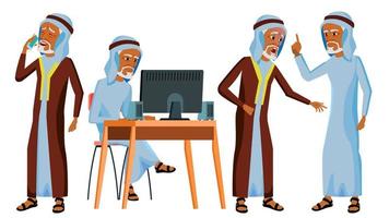 Arab Man Office Worker Vector. Islamic. Traditional Clothes. Old. Business Set. Face Emotions, Gestures. Adult Entrepreneur Business Man. Happy Clerk, Servant, Arabic Employee. Illustration vector