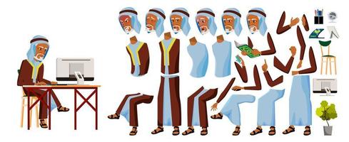 vector de trabajador de oficina de anciano árabe. árabe, musulmán. conjunto de animación de negocios. emociones faciales, gestos. persona de negocios vista frontal, lateral, trasera. islámico. Arabia Saudita, Emiratos Árabes Unidos, Qatar, Emiratos Árabes Unidos. ilustración