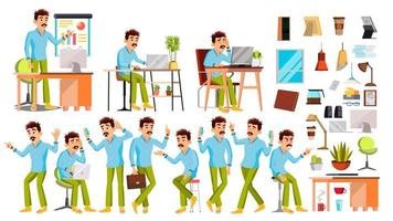 Business Man Character Vector. Working People Set. Office, Creative Studio. Worker. Full Length. Programmer, Designer, Manager. Poses, Face Emotions. Cartoon Business Character Illustration vector