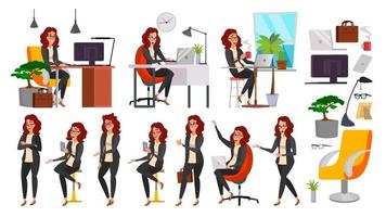 Business Woman Lady Character Vector. Working Female In Action. IT Startup Business Company. Clerk In Office Clothes. Desk. Full Length. Girl Programmer. Expressions. Business Character Illustration vector