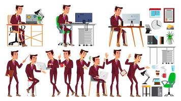 Office Worker Vector. Face Emotions, Various Gestures. Businessman Human. Modern Cabinet Employee, Workman, Laborer. Isolated Flat Cartoon Character Illustration vector