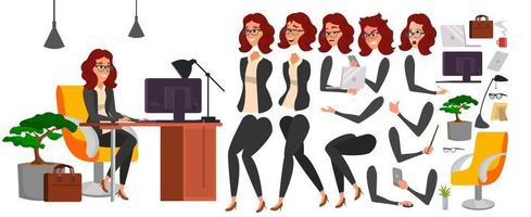 Business Woman Character Vector. Working Female Girl Boss. Office. Girl Developer. Animation Set. Attractive Lady Programmer, Designer. Emotions. Cartoon Illustration vector