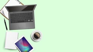 Modern Business Office Workplace Background Vector. Working Process Banner. Laptop, Computer, Keyboard, Coffee Cup, Smartphone, Notebook, Table. Inspiration Illustration vector