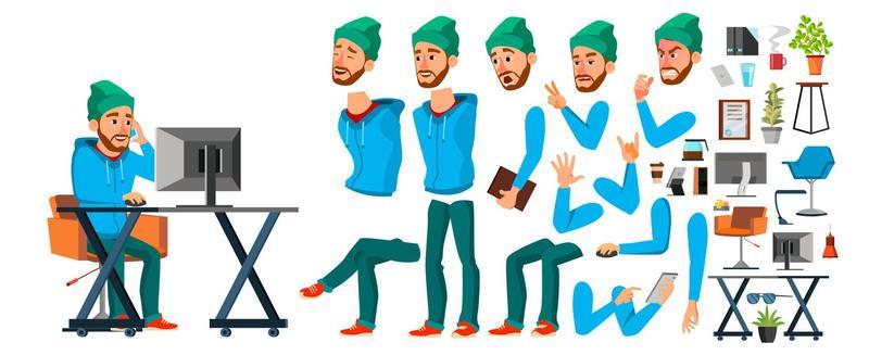 Business Man Worker Character Vector. Working Male Developer. Casual Clothes. Start Up, Office, Creative Studio. Animation Set. Bearded Salesman, Designer. Emotions, Expressions. Cartoon Illustration