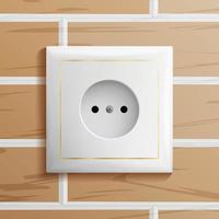 Electric Socket Vector. Modern European Plastic Electrical Outlet. Brick Wall. Realistic Illustration vector